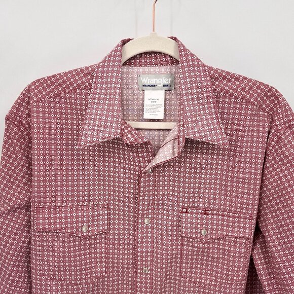 Wrangler Western Pearl‎ Snap Long Sleeve Shirt Mens Large Red White Cotton Blend - Picture 2 of 9